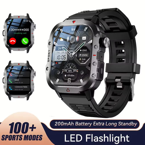 2025 Rugged Military Smart Watch Men'S Outdoor Watch 2.01" HD Touch Screen Voice Bluetooth Call Smartwatch
